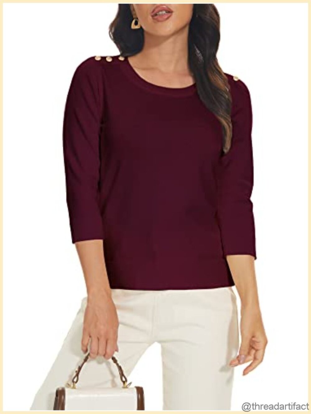 Women 3/4 Sleeve Knit Pullover Sweater Crewneck Button Decor